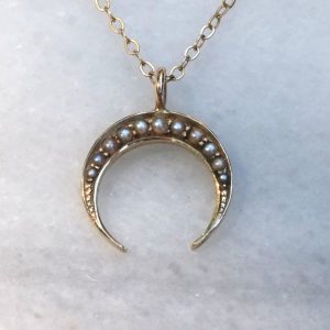 Gold and Seed Pearl Crescent Pendant