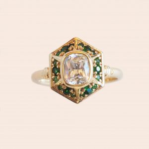 Emerald and Diamond Hexagon Engagement Ring