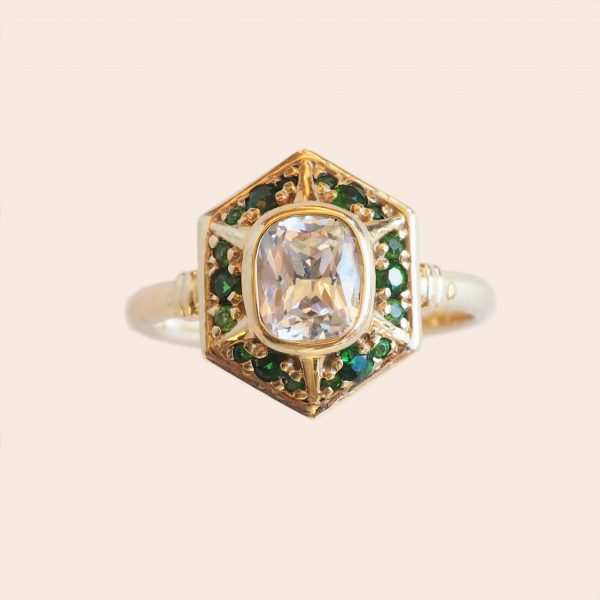 Emerald and Diamond Hexagon Engagement Ring