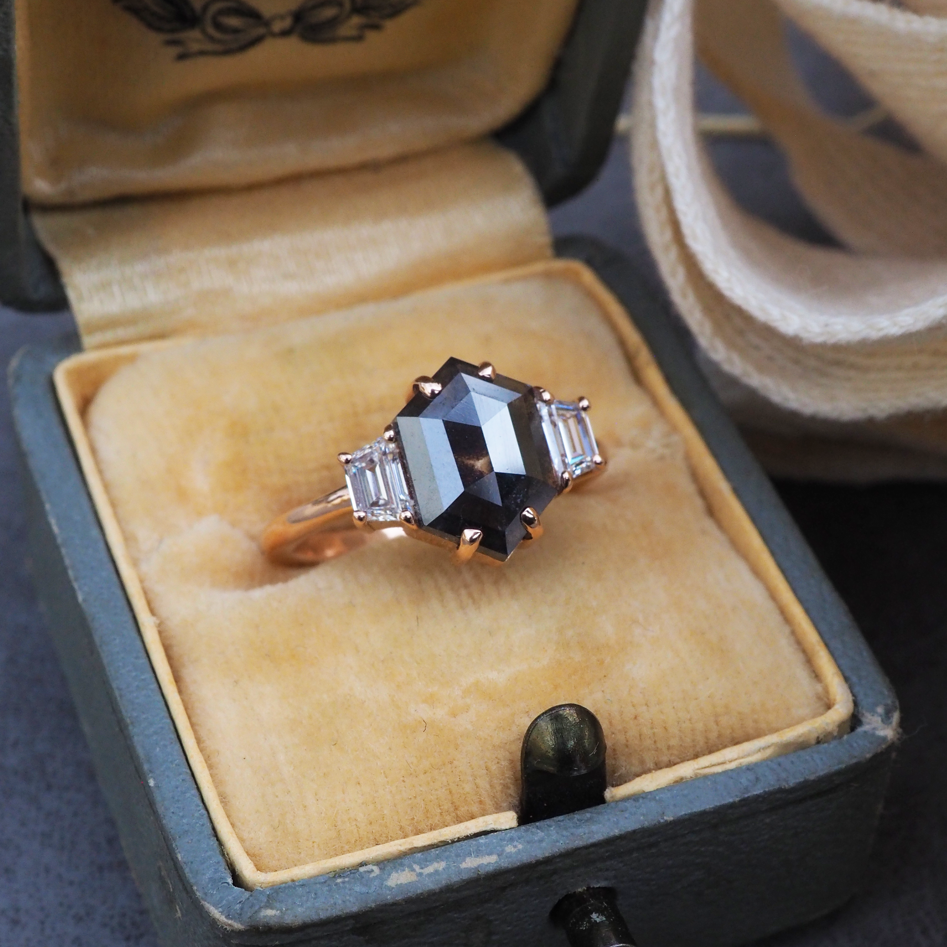 Hexagon Salt and Pepper Engagement Ring